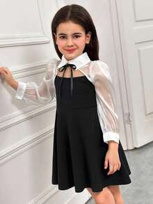 Young Girl Casual Minimalist Comfortable Collared Hollow-Out Color Block Patchwork Dress - Multicolor - View 3