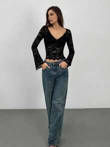 SHEIN Tall Women's Solid V-Neck Long Sleeve Fitted Casual Blouse, Suitable For Leisure And Vacation Black Lace Top Lace Top Black See Through Top Lacy Top Black Lace Long Sleeve Top Lace Top Long Sleeve Lace Tops - Black - View 5