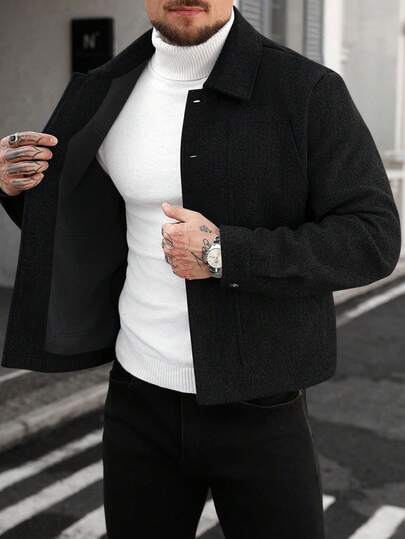 Manfinity CasualCool Manfinity Casual Cool Herrjacka i Grå Ylle med Knappar och Krage, Herr, Herröverrock - Normal Passform, Perfekt För Halloween, Jul, Vardagsutflykter & Affärer - Avslappnade Möten, INS - Trendiga Herryttare, Perfekt Present Till Pojkvänner/Makar På Bröllopsdagar. Svart Överrock