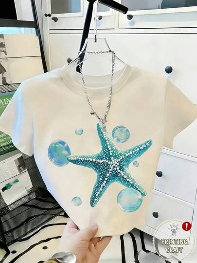 Glimmora Women's Starfish Print Round Neck Short Sleeve Casual Versatile T-Shirt