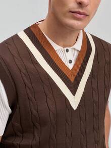 Officeau Men's Collegiate Style Patchwork Cable Knit V-Neck Sweater Vest, Fall/Winter - Brown - View 4