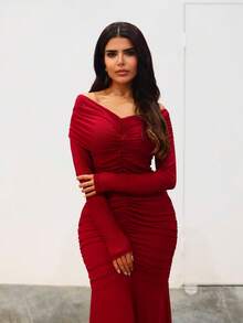 Hindelle Vestido longo feminino elegante cor sólida plissado ombro de fora manga comprida bainha rabo de peixe - Borgonha - Ver 4