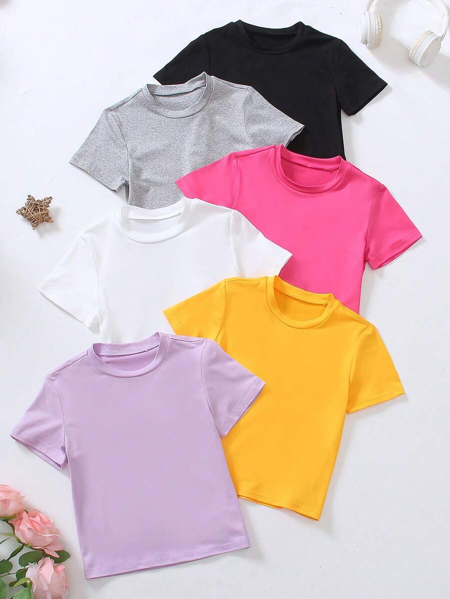 SHEIN Playful Pals Bộ 6 áo thun ngắn tay cổ tròn màu trơn thoải mái, dễ phối đồ cho bé gái, thích hợp mặc mùa hè, quà tặng lý tưởng cho bé gái.