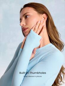 GLOWMODE FeatherFit™ Soft Stretchy Ribbed Seam-Dividing Design Long-Sleeve Tee Top Low Impact Yoga Pilates Studio Daily Casual Wear Removable Cups  Spring Summer - Blue Day - View 6