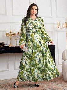 Modelyn 大码女士优雅V领灯笼袖大理石纹印花重叠连衣裙 - 墨綠色 - 查看 3