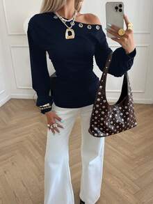 Siren Gaze 2025 New Arrival Minimalist Fall-Winter Women's Long Sleeve Off-Shoulder Top Metallic Eyelet Collar, Avant-Garde, Urban Cool Style, Statement Piece, Figure-Flattering, Party-Ready Eye-Catcher, Cutting-Edge Design, Fashion-Forward, Tops - Navy Blue - View 6