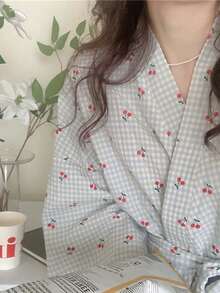 女士轻薄长袖睡袍 - 格纹印花和服式家居服，春秋季简约可爱家居服，柔软舒适的浴袍，助您放松身心，尽享惬意时光 - 藍色 - 查看 7