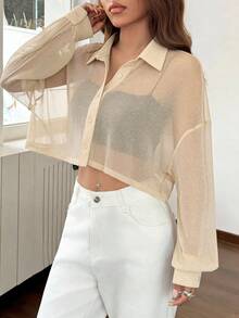 SHEIN EZwear 針織透視亮片網眼女款短版上衣外套 透視襯衫 透視上衣 網眼上衣 - 杏色 - 查看 6