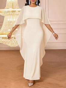 SHEIN Lady Vestido elegante de mujer con diseño de capa de cuello redondo y bajo de sirena de unicolor - Albaricoque - Ver 5