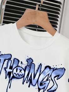 Tween Boy Letter & Face Print Round Neck Short Sleeve T-Shirt + Shorts Set, Casual Daily Fashion - White - View 5