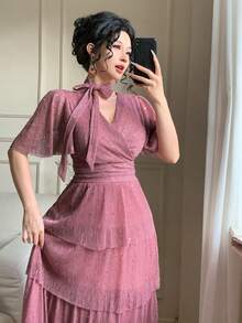 DAZY V领优雅收腰层叠时尚中长连衣裙 - 粉色 - 查看 7