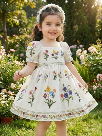LMoss Kids LMoss A Casual Printed Puff-Sleeve Dress With A Square Neckline For Baby Girls, Perfect For Spring And Summer.