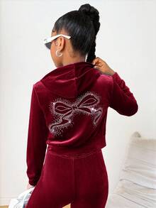 Tween Girl Tween Velvet Rhinestone Kangaroo Pocket Hooded Zip-Up Sweatshirt And Slim Flare Pants Casual Elegant 2 Pieces Set, Girls Lounge Set, 2 Piece Pants Set, 2 Piece Woman Set, Burgundy Outfit Girls - Burgundy - View 5