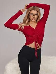 HautHeat 女士休闲舒适褶皱V领家居服上衣 - 酒紅色 - 查看 4