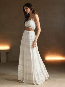 Anewsta Conjunto de dos piezas de unicolor con encaje, estilo de moda europeo y americano, para ropa de fiesta de vacaciones - Blanco - View 5