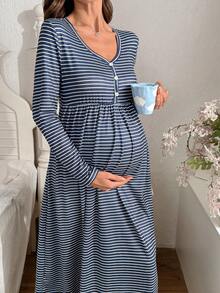 Moonlight&Mama 条纹印花纽扣V领长袖休闲孕妇连衣裙/睡裙 - 藏蓝色 - 查看 4