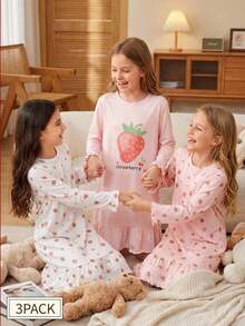 女童时尚可爱草莓印花莲花荷叶边长袖长款睡裙 - 彩色 - 查看 4