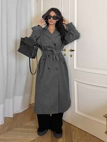 Ronhire Women's Notched Collar Double Breasted Overcoat - Grey - View 6
