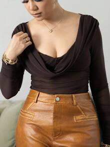 Melissa Matos Women's Scoop Neck Solid Color Fashionable Long Sleeve Top,Brown Top - Coffee Brown - View 5