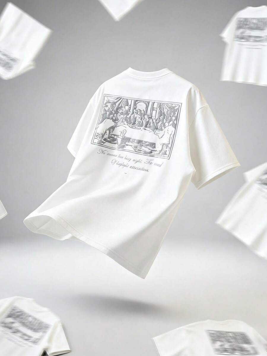 TOKVUE 男士休闲畅销款“最后的晚餐”3D立体浮雕图案T恤，日常穿着，男友/老公礼物，周年纪念礼物，白色 - 白色 - 查看 1