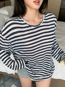 DAZY Túnica larga de manga larga con bloques de color a rayas, informal y holgada, para vacaciones y playa, para mujer, primavera/verano - Azul Marino - Ver 8