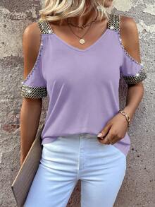 EMERY ROSE Women's Casual Faux Pearl Decor Off-Shoulder V-Neck Short Sleeve T-Shirt, Summer - Mauve Purple - View 4