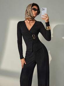 Lyxana Women's V-Neck Wrap Long Sleeve Top And Pants Elegant 2 Pieces Set - Black - View 4
