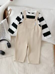 SHEIN Pantalon salopette en jean multi-poches avec design délavé polyvalent pour bébés garçons - Nude - Voir 3