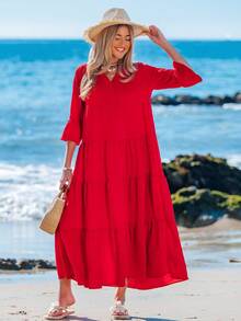 Sylviya 女士纯色荷叶边喇叭袖度假连衣裙，女士度假装扮，度假 - 酒紅色 - 查看 6