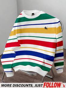 Manfinity Joysei 男士时尚彩色条纹小Logo套头卫衣，适合秋冬季节、上学、休闲、送朋友，长袖上衣