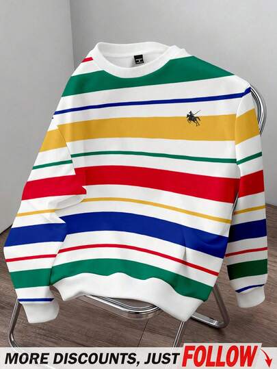 Manfinity Joysei 男士时尚彩色条纹小Logo套头卫衣，适合秋冬季节、上学、休闲、送朋友，长袖上衣