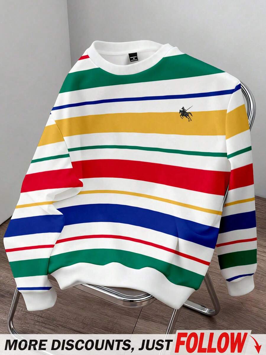 Manfinity Joysei 男士时尚彩色条纹小Logo套头卫衣，适合秋冬季节、上学、休闲、送朋友，长袖上衣