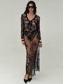 Aloruh Women's Sexy Sheer Lace Skirt - Black - View 3