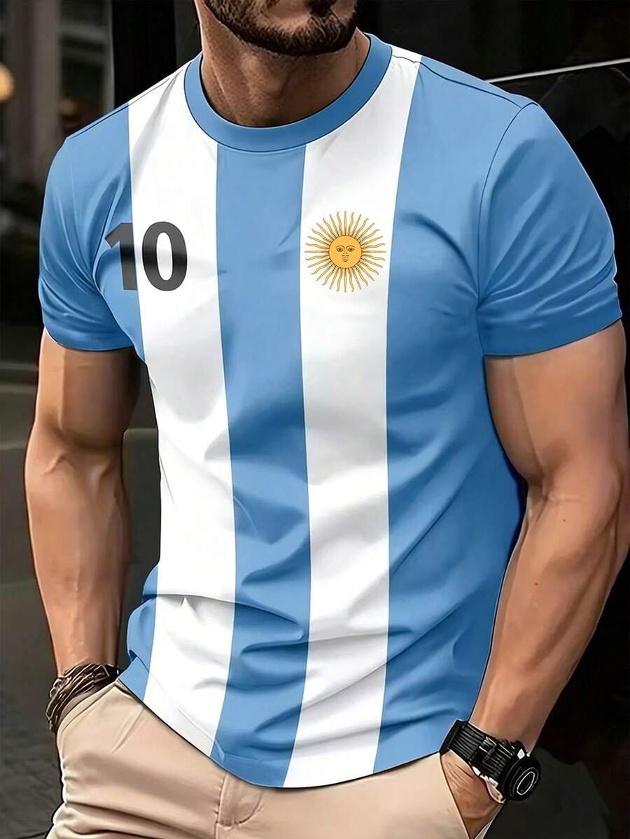 SHEIN Men's Casual Round Neck Short Sleeve T-Shirt With Numeric Sun Face Print - Multicolor - View 1