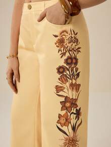 Felipe Marques Celana Panjang Wanita Model Flare Motif Bunga, Kasual untuk Liburan, Pesta di Musim Gugur, Musim Dingin, Musim Semi - Kuning - View 5