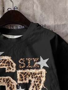 少女休闲简约时尚豹纹印花67星图案街头朋克风黑色短袖圆领T恤，适合夏季穿着，豹纹印花T恤，青少年女孩衬衫，宽松T恤，女孩休闲印花短袖T恤 - 彩色 - 查看 5