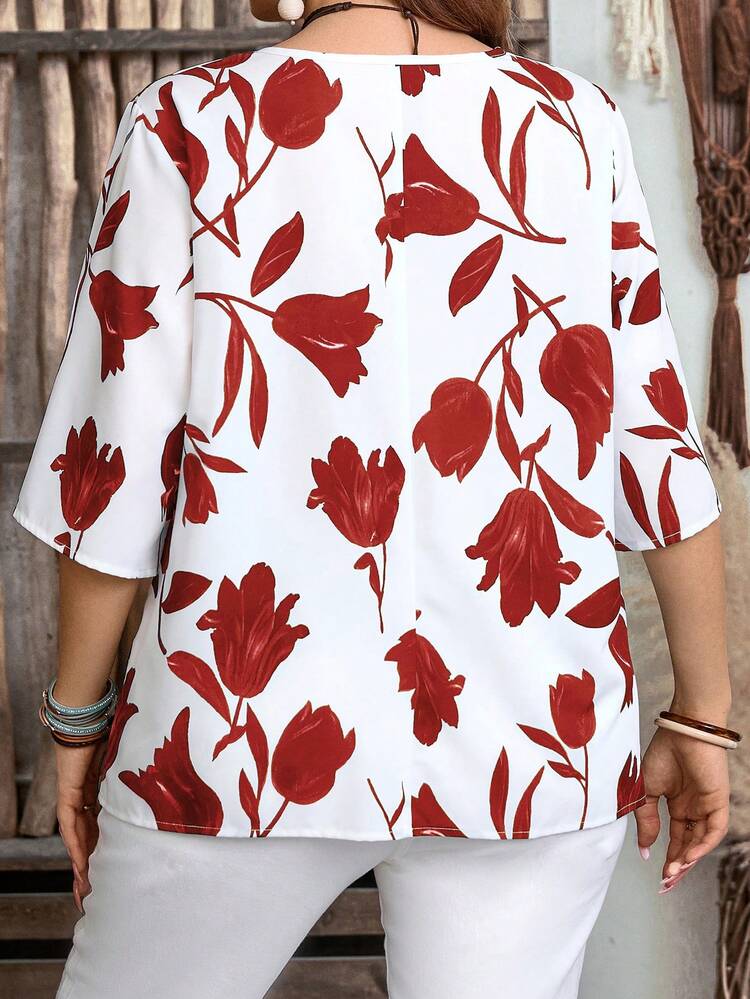 Plus Size Women's Summer Casual Vacation Floral Print Notched Neck 3/4 Sleeve Loose Blouse, Spring/Summer,Spring Break,Vacation,Holiday,Going Out,2026 New,Simple And Fashionable For Everyday Wear