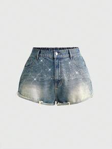 ROMWE Grunge Punk Quần short denim dáng rộng màu xanh dương bạc màu, rách nhẹ, gợi cảm, đính đá, thích hợp mặc đi biển mùa hè. - Màu xanh lam - Xem 1