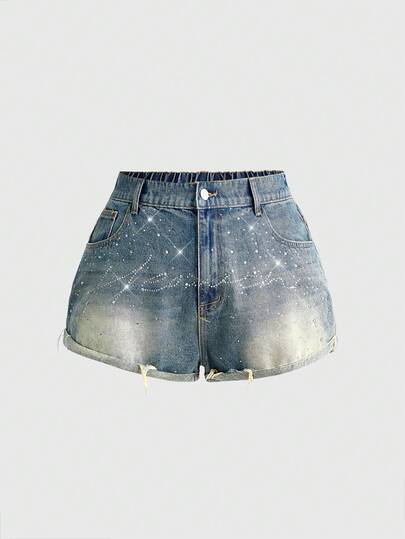 ROMWE Grunge Punk 大码复古水洗毛边性感蓝色沙滩牛仔短裤，饰有水钻，夏季