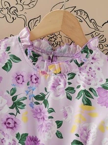 女童优雅复古风甜美可爱碎花荷叶边领短袖蝴蝶结纽扣A字休闲时尚公主裙，适合夏季、度假、旅行、节日派对、生日礼物、春夏秋季穿着。 - 紫色 - 查看 6