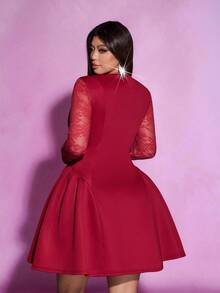 Viva Relle Valentine Plus Size Sexy Square Neck Red Lace Patchwork Party Christmas Dress - Red - View 6