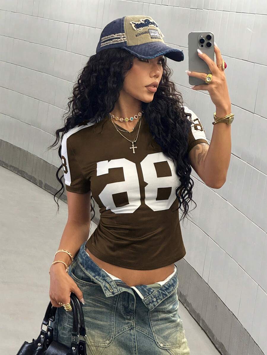 StreetHx 女士藏蓝色数字印花街头风短袖T恤，春夏款 - 棕色 - 查看 1