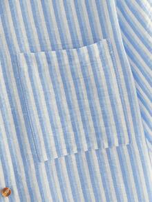 HIMLAND Men's Striped Short Sleeve Single-Breasted Casual Pocket Commuter Shirt - Blue and White - View 4