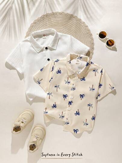 Cozy Pixies 2pcs/Set Young Boys Palm Tree Pattern Lapel Short Sleeve Button-Up Textured Fabric Shirt Set