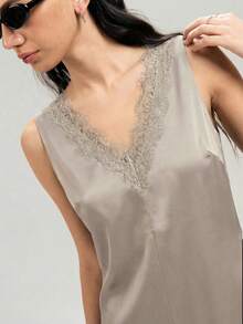 LYSMO Đầm nữ kaki dài ngang gối cổ chữ V phối ren, đầm midi nữ mùa xuân/hè, đầm slip nữ, đầm maxi ren nữ, đầm midi nữ - Màu Khaki - Xem 6