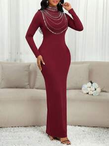 SHEIN Lady Women's Elegant Rhinestone Embellished Split Long Sleeve Dress, Autumn