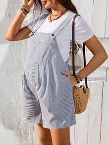 SHEIN 孕妇夏季条纹口袋休闲连体衣 - 藍色 - 查看 4