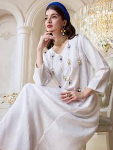 Al Najma 女士钻石V领土耳其长款连衣裙，阿拉伯传统长袍 - 白色 - 查看 7