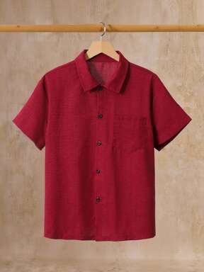 Vacaura 1pc Burgundy Pocket Front Short Sleeve Shirt, Summer Wear For Teens