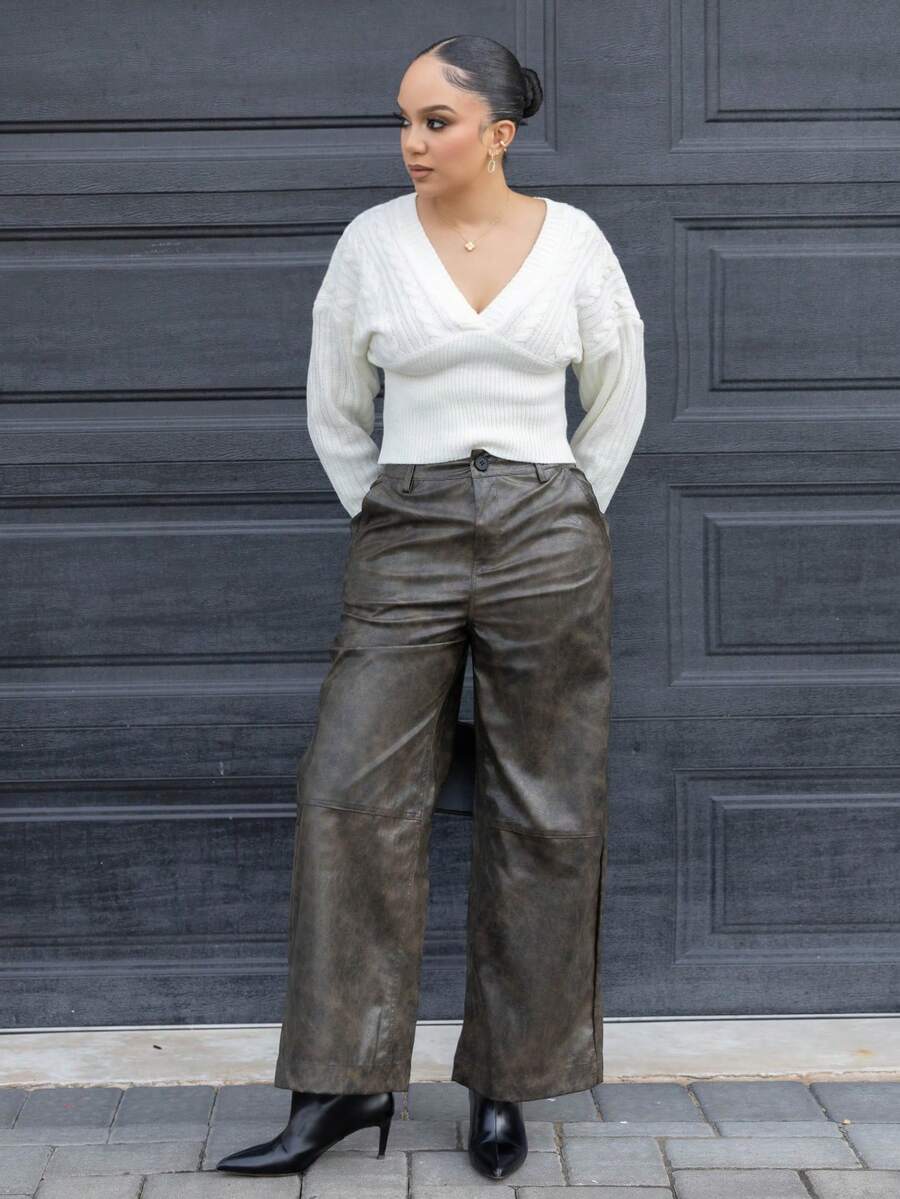 Melissa Matos 女式复古 PU 休闲街头风格宽松做旧复古钱裤,秋季街头服饰 - 黑色 - 查看 1